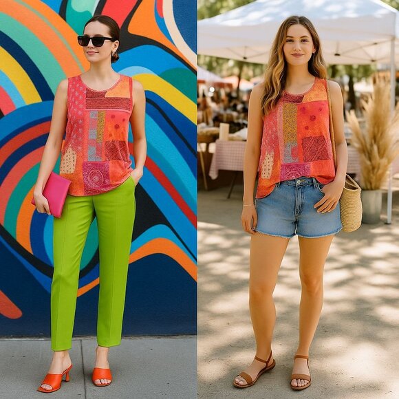 Sundance Woman Patchwork Tank Top Med Boho Artisan Eclectic Cottagecore - Picture 2 of 12